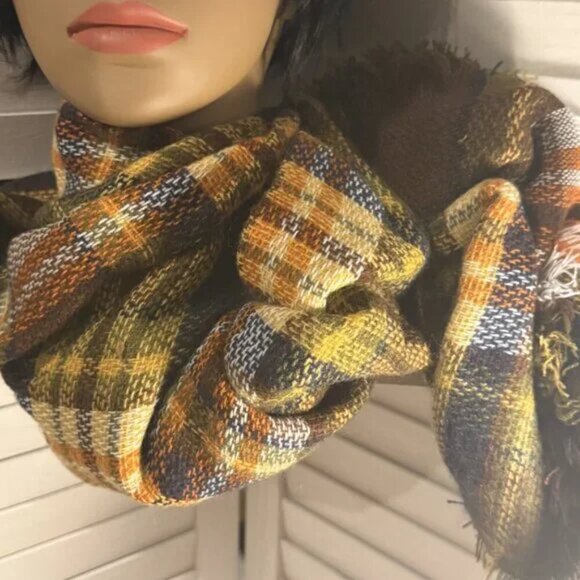 Plaid Oversized Scarf Blanket โ NWT, 55"x50", Orange Yellow Brown, Cozy - Picture 2 of 3
